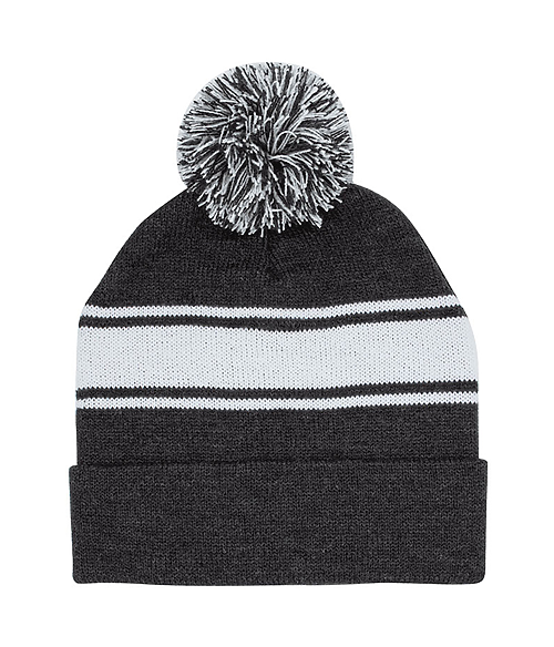 Htr Charcoal/White Mega Cap Striped Pom Beanie MC5076