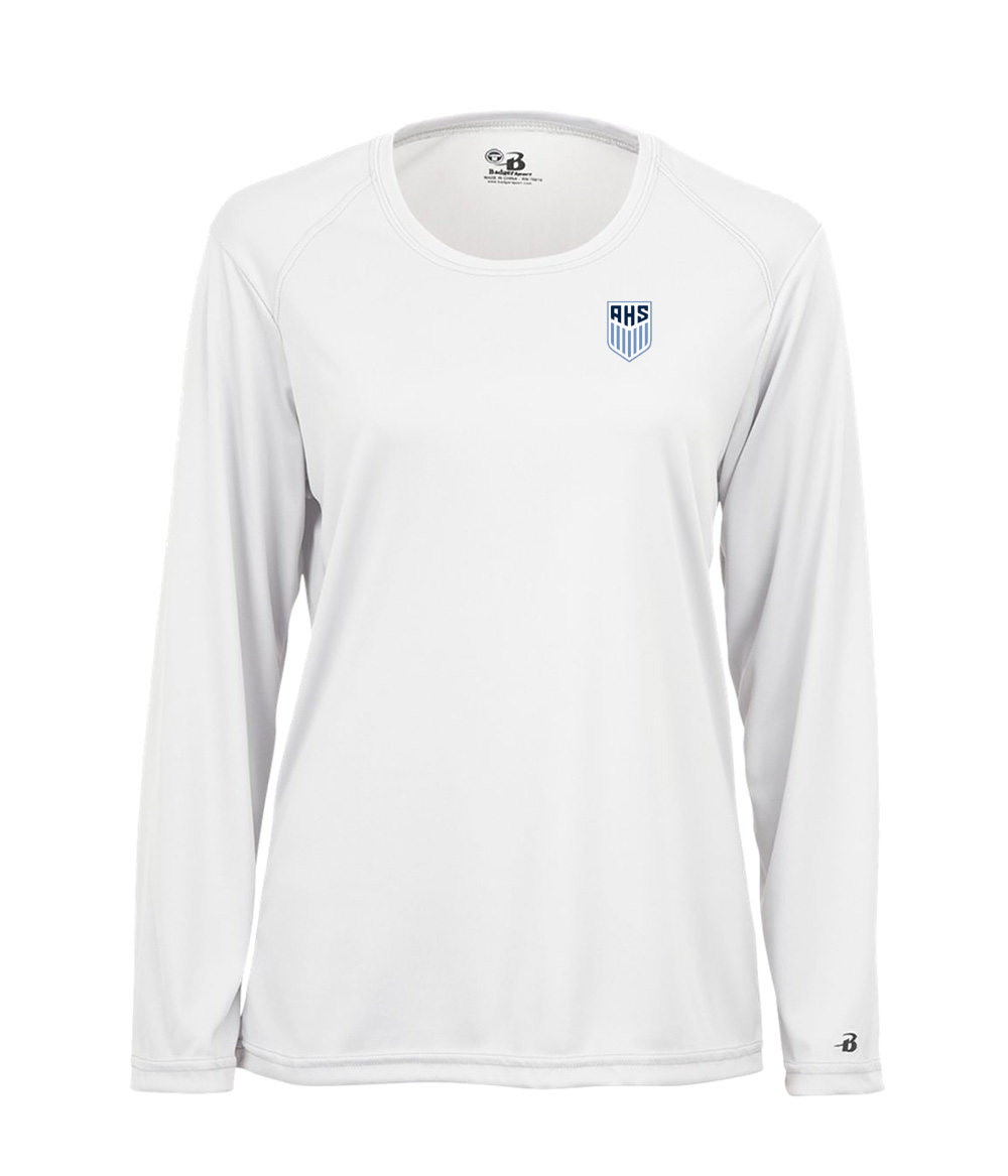 Ladies White Long Sleeve Performance w/AHS Shield