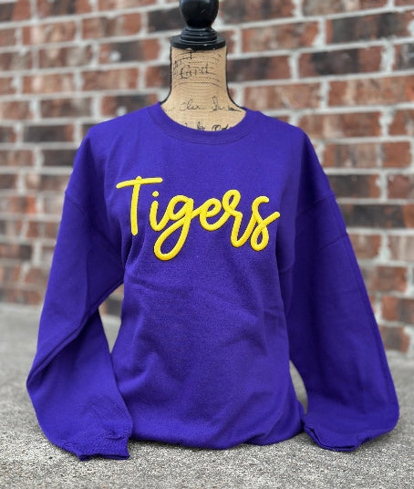 Purple Tigers Embroidered Puff Gildan Crewneck