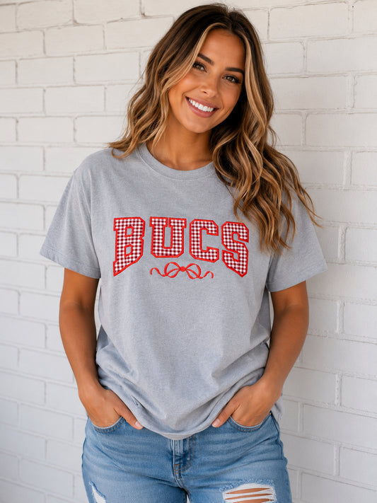 Bucs Applique w/Bow on Sport Grey Gildan Tee