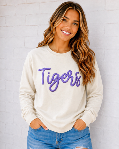 Tigers Embroidered Puff Comfort Color Crewneck