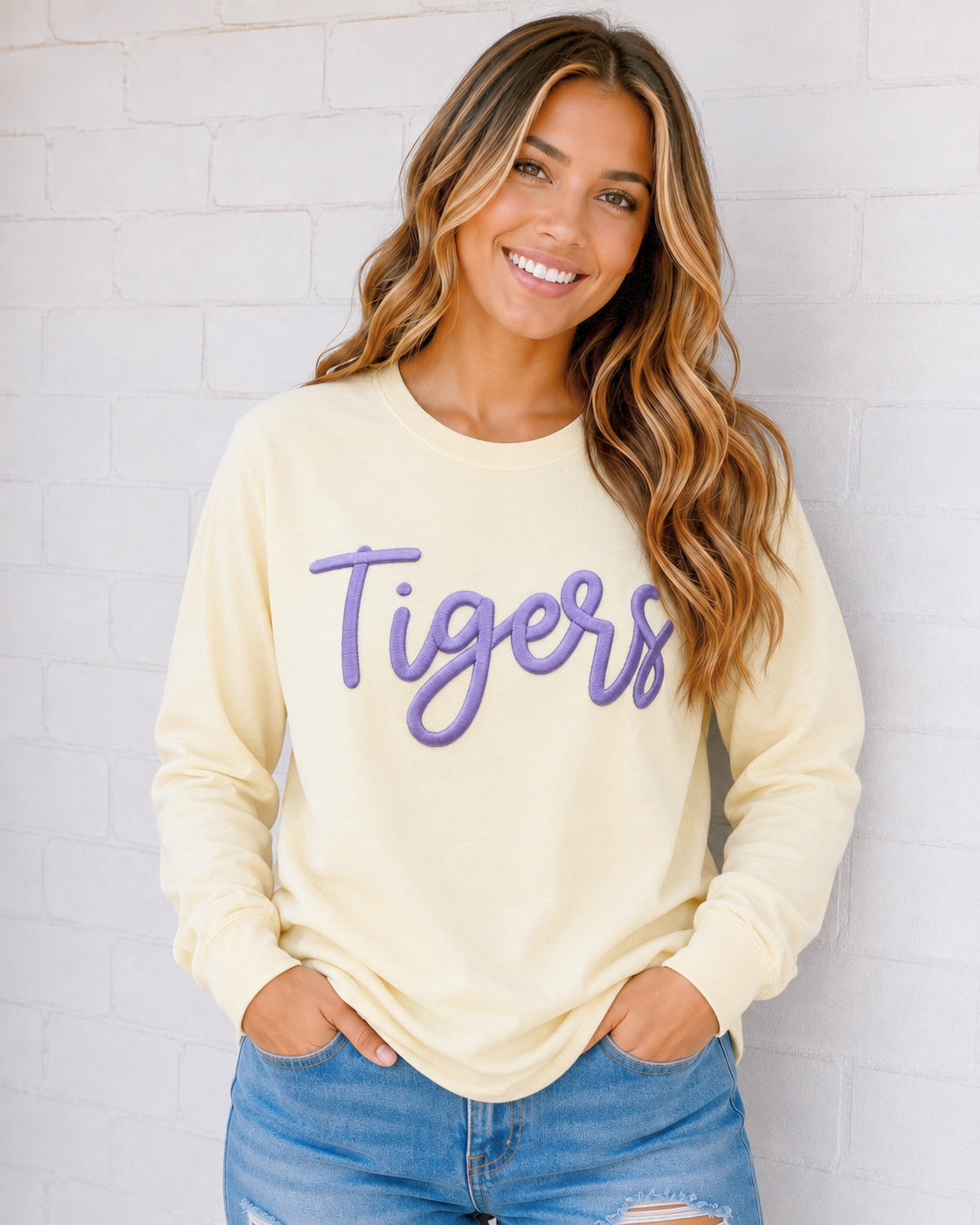 Tigers Embroidered Puff Comfort Color Long Sleeve