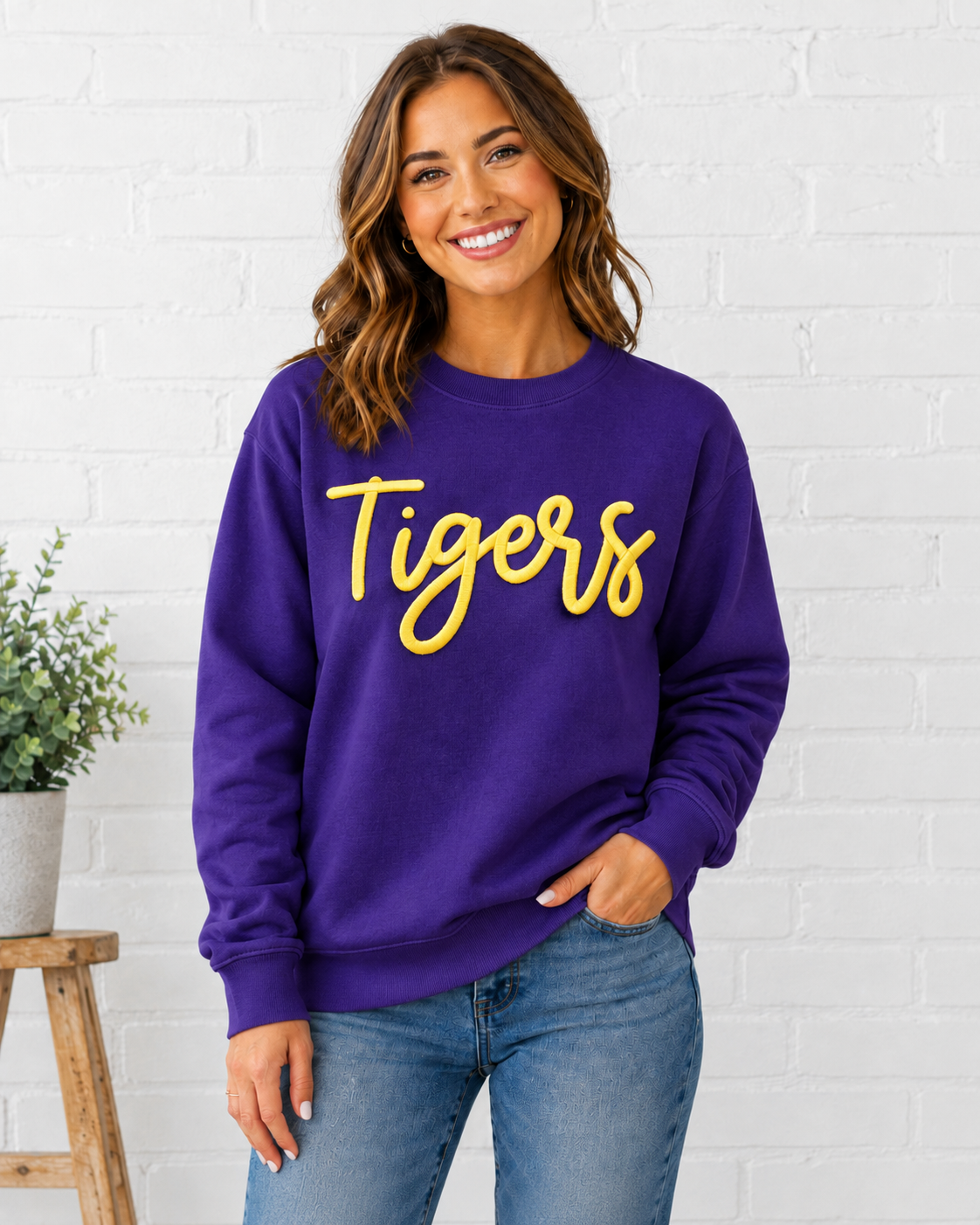 Tigers Embroidered Puff Gildan Crewneck