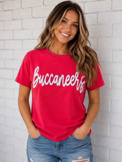 Red Buccaneers Embroidered Puff CC Tee