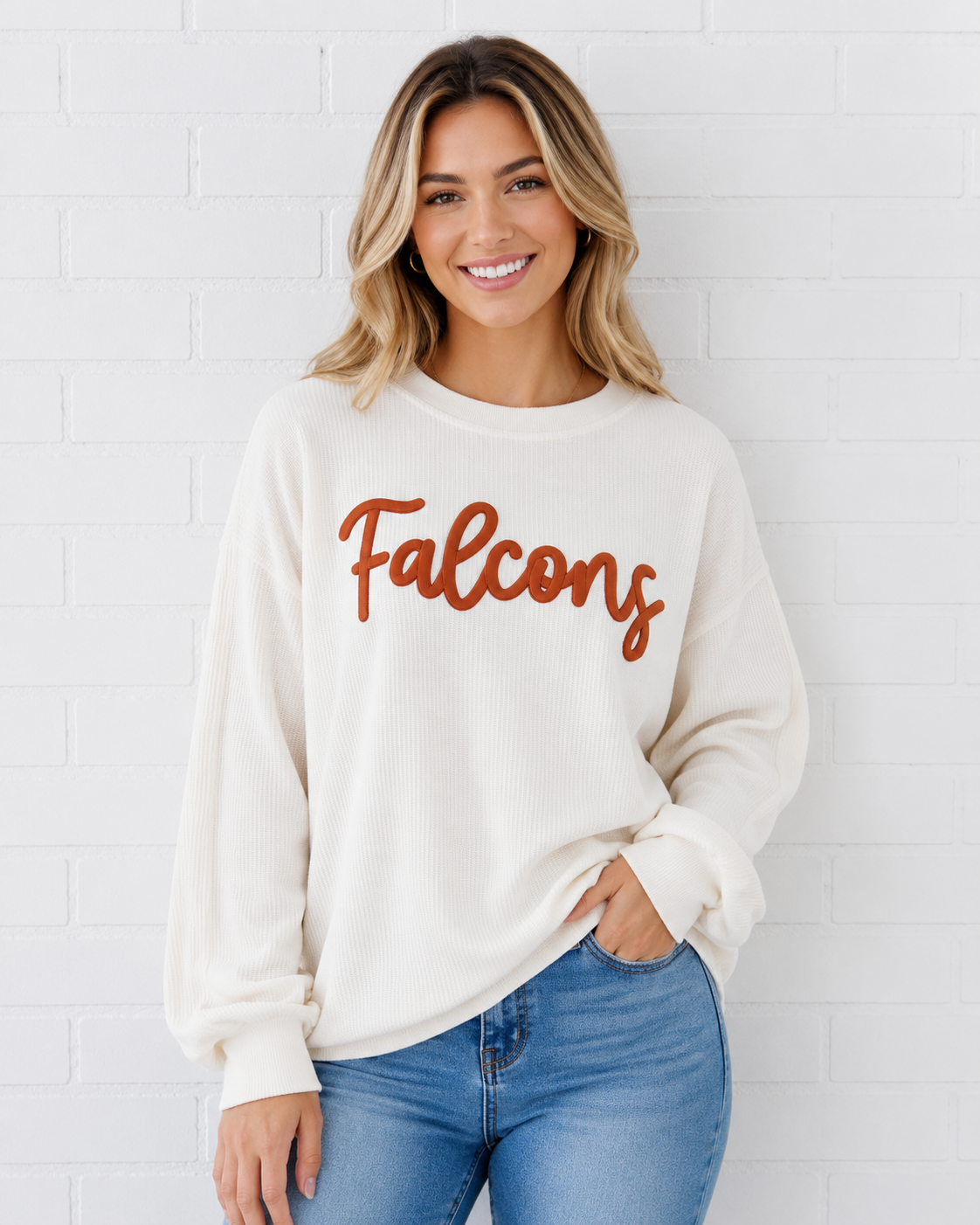 Natural Falcons Embroidered Puff BC Corded Crewneck