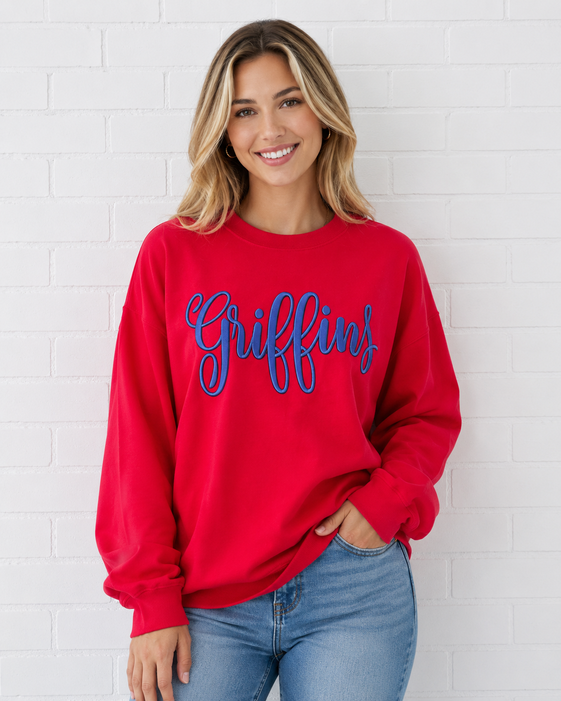 Red Griffins Embroidered Puff Gildan Crewneck