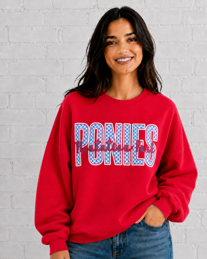Red Plantation Park Ponies On Plaid Gildan Crewneck