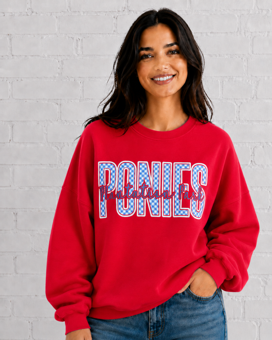 Red Plantation Park Ponies On Plaid Gildan Crewneck
