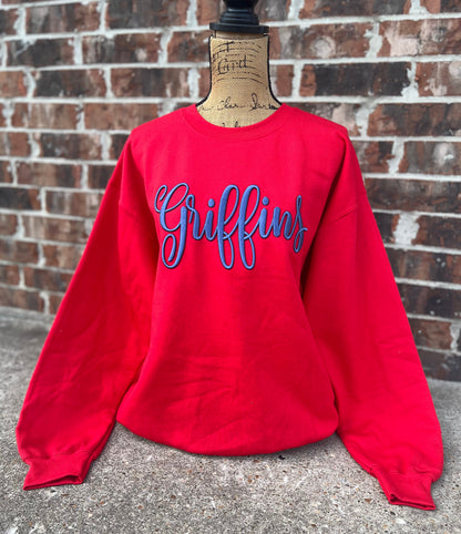 Red Griffins Embroidered Puff Gildan Crewneck
