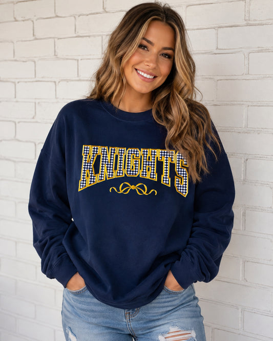 PCA Knights Applique w/Bow on Navy Gildan Crewneck