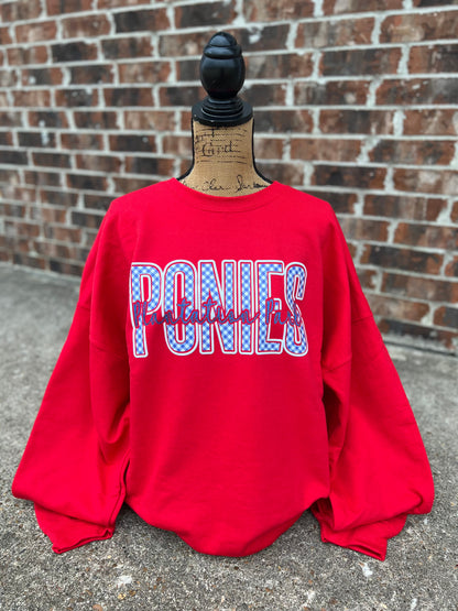 Red Plantation Park Ponies On Plaid Gildan Crewneck