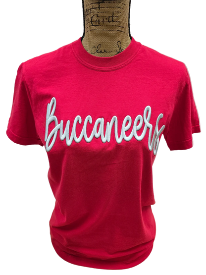 Red Buccaneers Embroidered Puff CC Tee