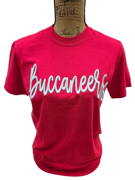 Red Buccaneers Embroidered Puff CC Tee