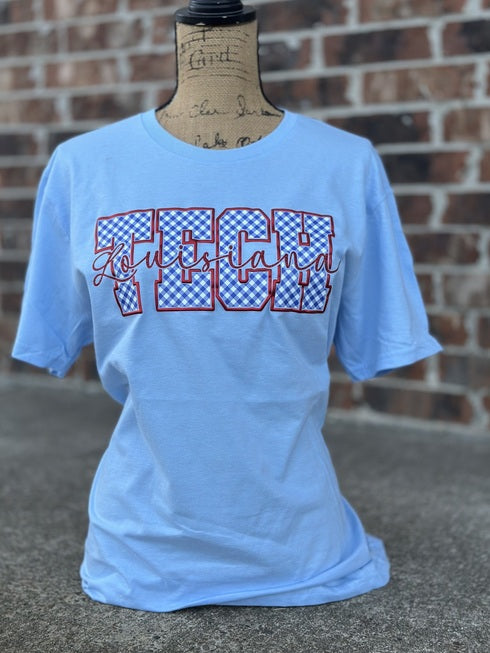 Tech Louisiana On Plaid Gildan Light Blue