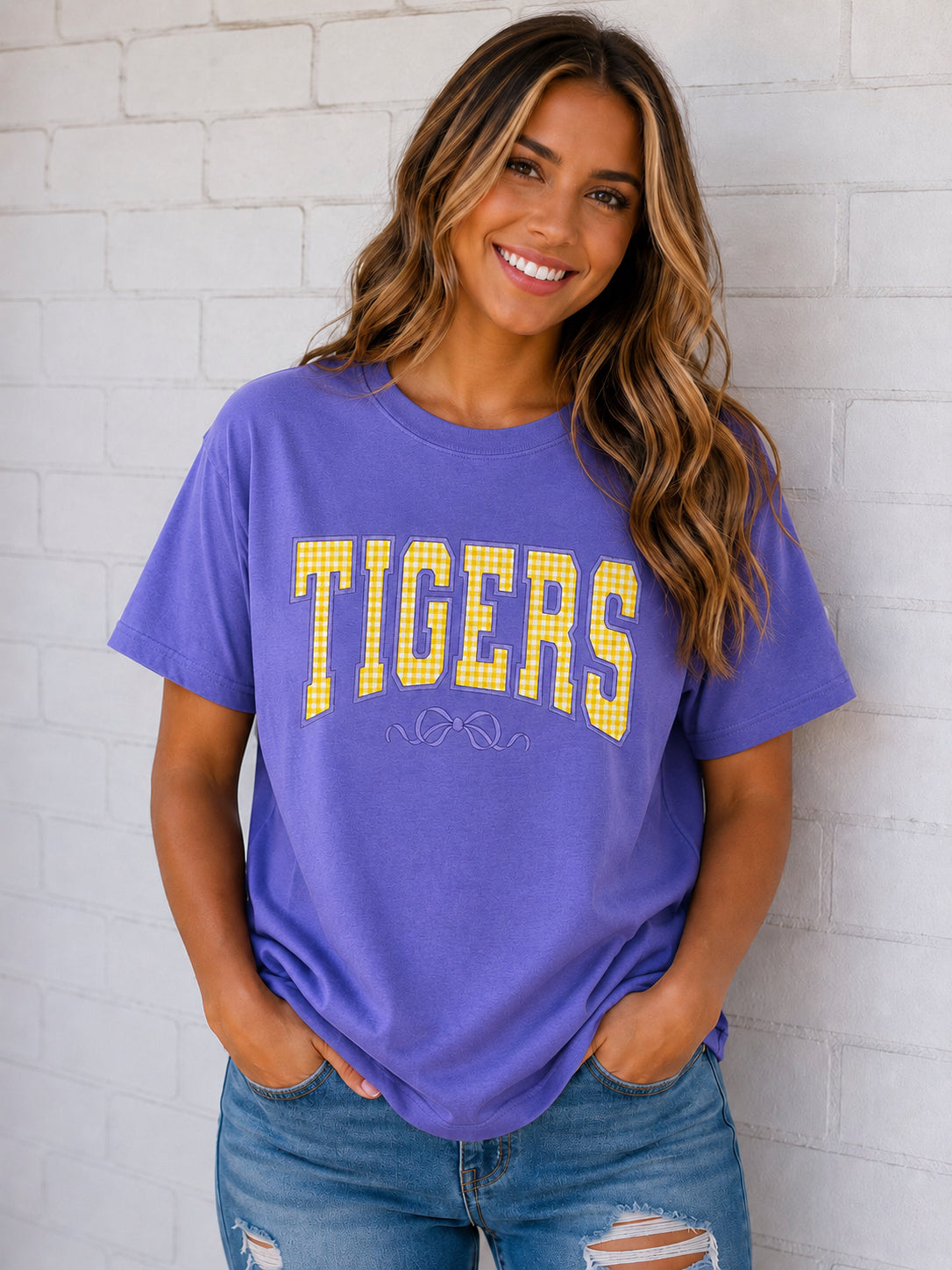 Tigers Lace 2 Applique w/Bow on CC Tee