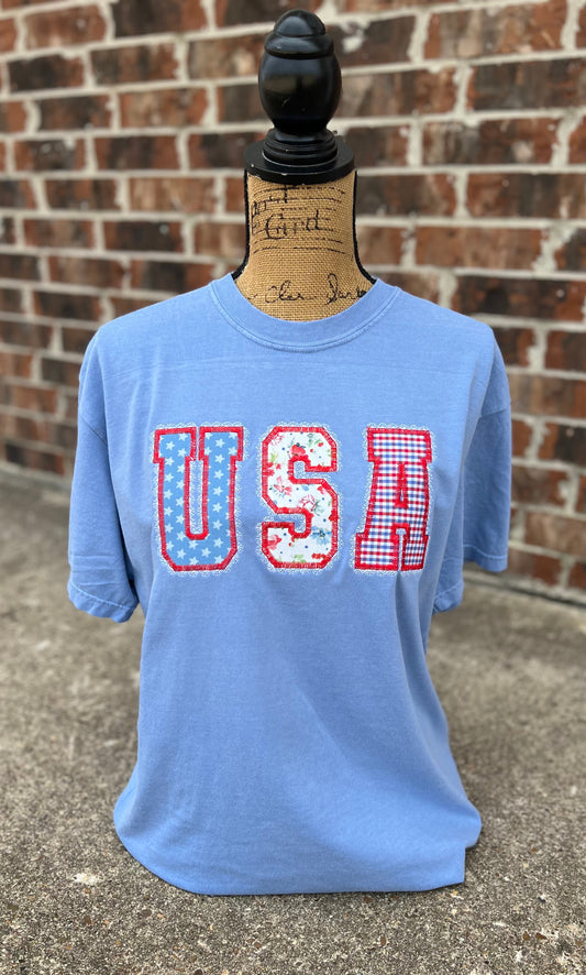 USA Washed Denim Lace Applique Comfort Colors Tee